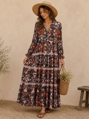 Barok Floral Cotton Tiered Button Front Maxi Dress Sz S/M Boho Prairie